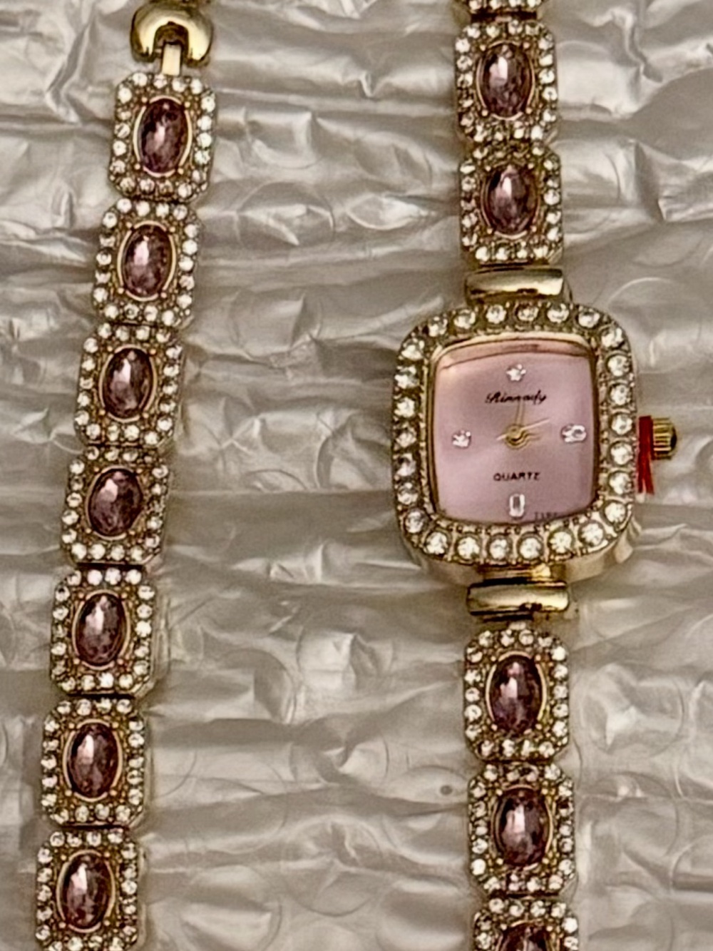 Gold-tone Pink Crystal Bracelet Watch Set